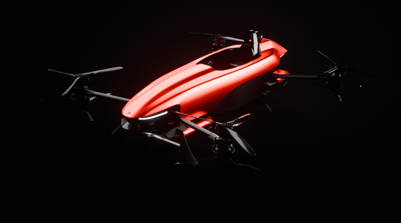 Red futuristic quadcopter drone with a glossy red fuselage and four rotor arms against a dark backdrop, looking ready to fly.