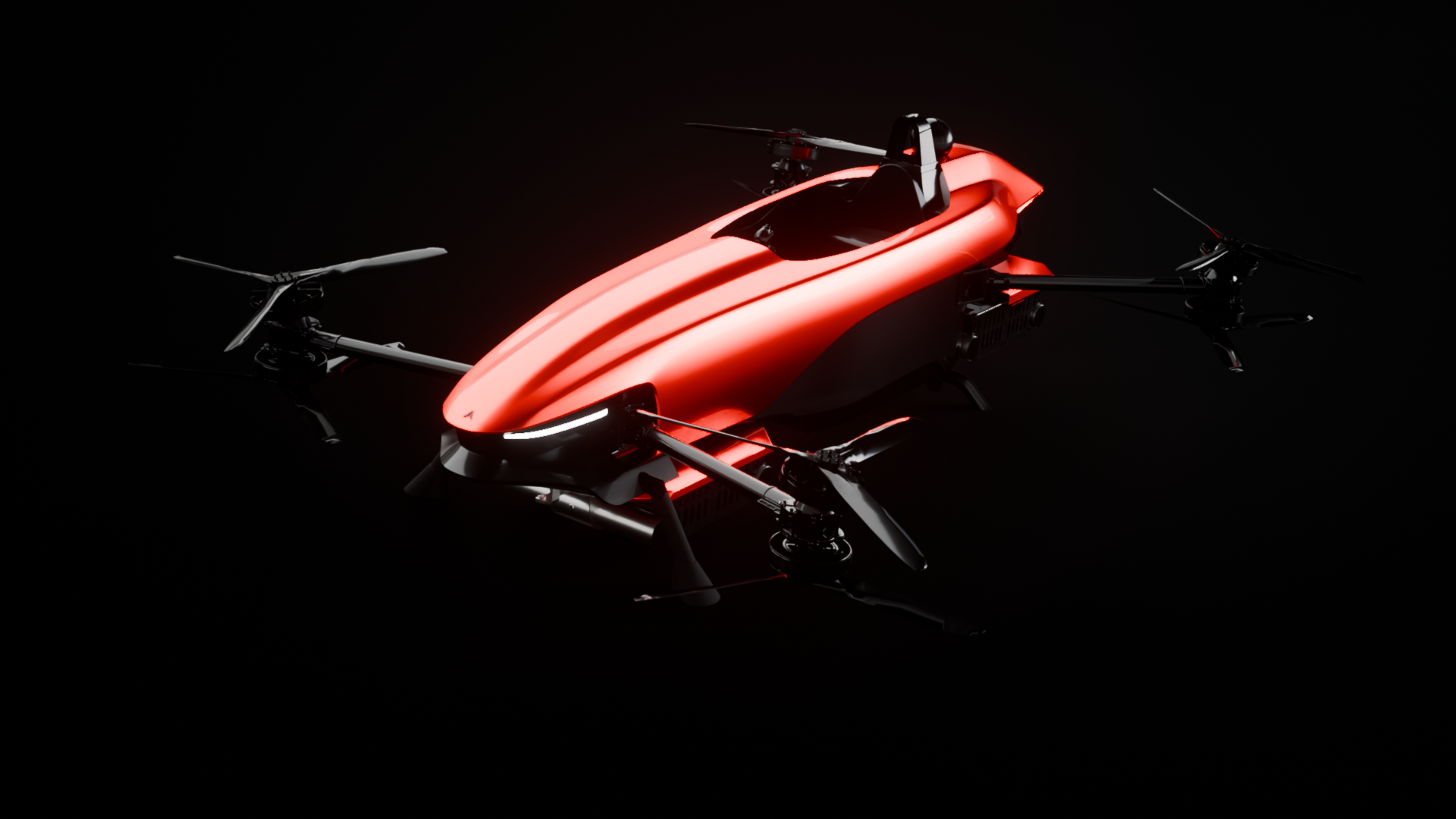 Red futuristic quadcopter drone with a glossy red fuselage and four rotor arms against a dark backdrop, looking ready to fly.